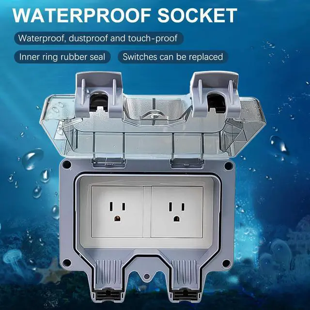 Alt view image 6 of 7 - 2-Gang Outdoor Electrical Outlet, 15A 110-250V Weatherproof Outdoor Socket, IP66 Waterproof Outdoor Power Outlet, Outdoor Outlet Box for Garden Workshop (1)