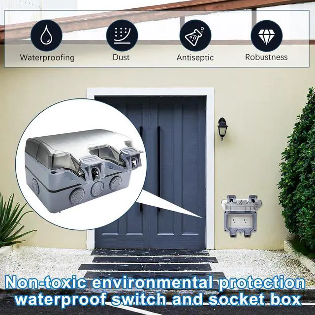 Alt view image 7 of 7 - 2-Gang Outdoor Electrical Outlet, 15A 110-250V Weatherproof Outdoor Socket, IP66 Waterproof Outdoor Power Outlet, Outdoor Outlet Box for Garden Workshop (1)