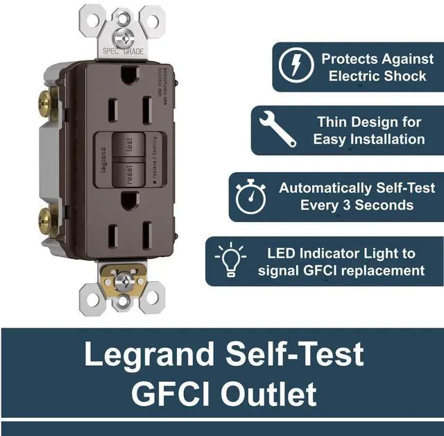 Alt view image 2 of 7 - Legrand radiant 2097CCD12 20 Amp GFCI Self Test Decorator Duplex Outlet, Brown (1 Count)