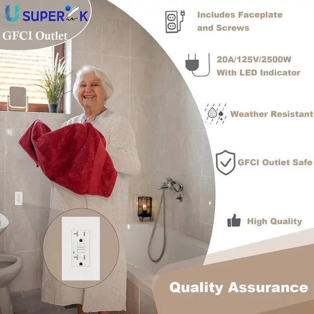 Alt view image 2 of 7 - SuperInk GFI Electrical Outlet 20 Amp,10 Pack Self Test GFCI Outlet Receptacle With Led Indicator,Weather Resistant,Safe Protection,Screwless Wall Plate Included,Indoor Or Outdoor Use,ETL Listed,White