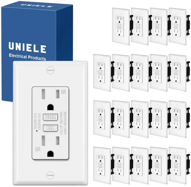Main image of (20 Pack) UNIELE 15 Amp WR GFCI Receptacle Outlet, Outdoor Weather-Resistant GFI, Ground Fault Circuit Interrupter, Wallplate Included, White