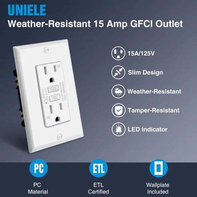 Alt view image 2 of 7 - (10 Pack) UNIELE 15 Amp WR GFCI Outlet, Outdoor Weather-Resistant GFI Receptacle, Ground Fault Circuit Interrupter, Wallplate Included, White