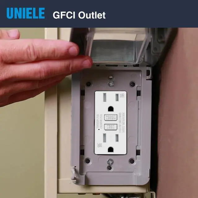 Alt view image 7 of 7 - (10 Pack) UNIELE 15 Amp WR GFCI Outlet, Outdoor Weather-Resistant GFI Receptacle, Ground Fault Circuit Interrupter, Wallplate Included, White
