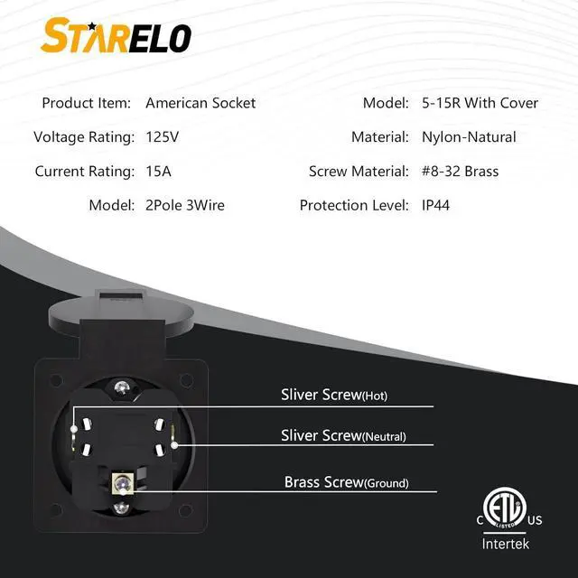 Alt view image 2 of 7 - STARELO 5PCS 15Amp Power Outlet Receptacle NEMA 5-15R with Cover,125Volt 2 Pole 3Wire ,Weatherproof, Dustproof and Radiation Proof Power Outlet for Outdoor Use,ETL Listed.