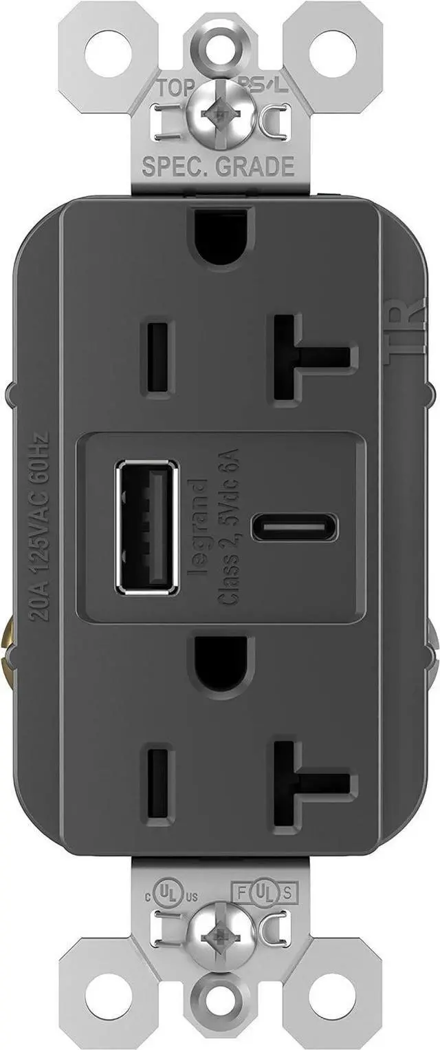 Main image of Legrand Pass & Seymour TR20USBAC6BK 20 Amp Tamper-Resistant Heavy-Duty Specification Grade Decorator Duplex Receptacle Outlet with Ultra Fast USB A/C 6.0A Charging Ports, Black (1 Count)