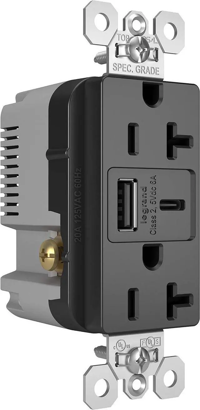 Alt view image 3 of 5 - Legrand Pass & Seymour TR20USBAC6BK 20 Amp Tamper-Resistant Heavy-Duty Specification Grade Decorator Duplex Receptacle Outlet with Ultra Fast USB A/C 6.0A Charging Ports, Black (1 Count)