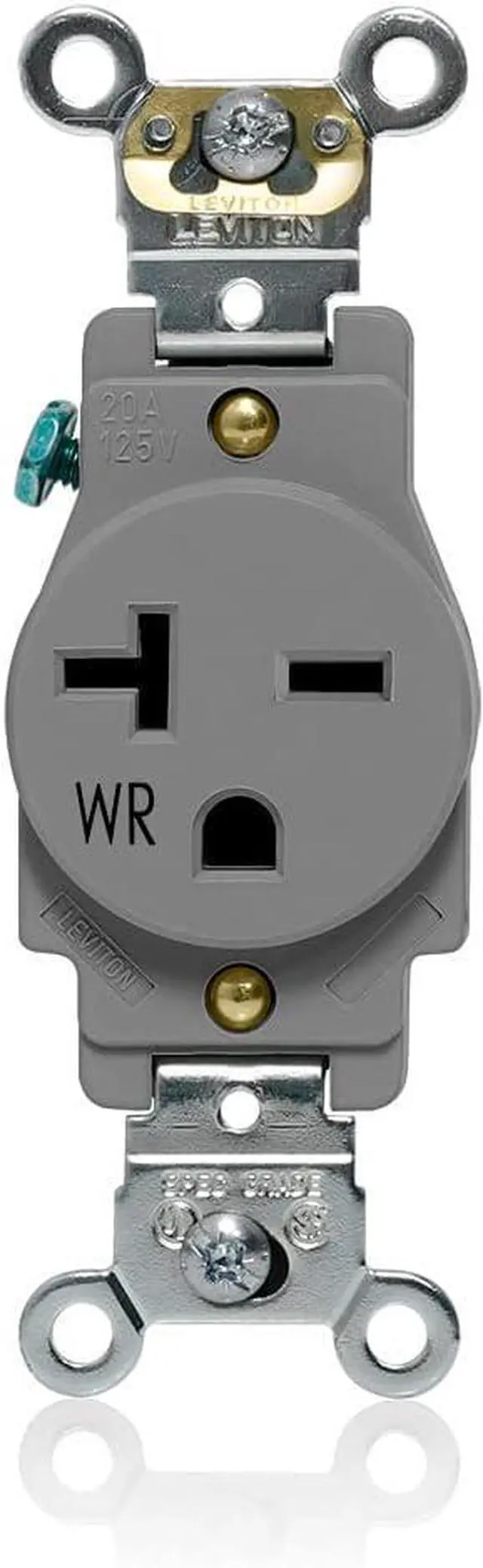 Main image of Leviton Single Receptacle Outlet, Weather-Resistant, 20 Amp, 250 Volt, Heavy-Duty Industrial Specification Grade, Back or Side Wire, Self-Grounding, W5461-GY, Gray