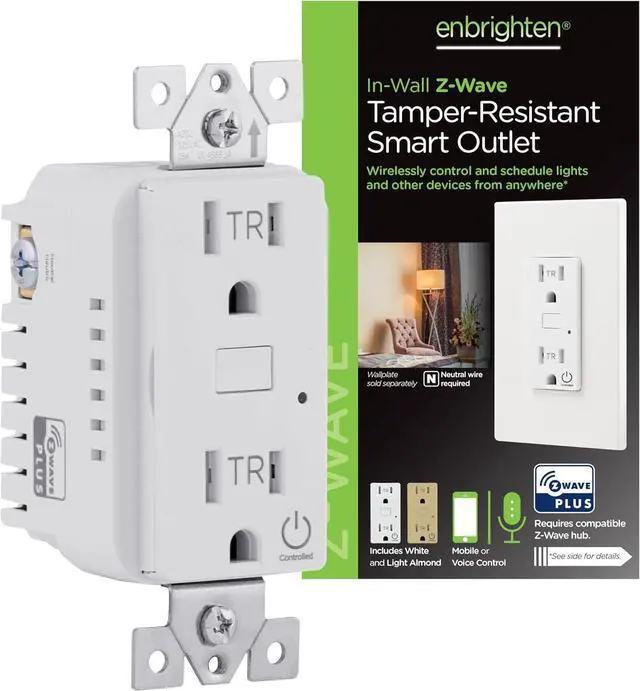 Main image of Enbrighten Z-Wave Plus Smart Receptacle, Works with Alexa, Google Assistant, Tamper-Resistant, Z-Wave Outlet, Always On Outlet, Hub Required, Smart Outlet, Lamps, Small Appliances, 700 Series, 58449
