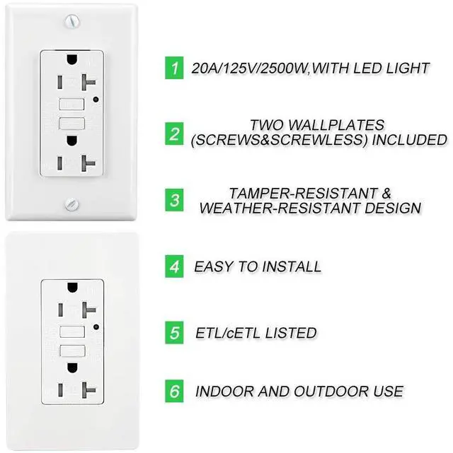 Alt view image 3 of 6 - LEOD 20Amp TR&WR GFCI Outlet,125 Volt Tamper-Resistant and Weather-Resistant Receptacle with LED Indicator, 2 Wall Plates and Screws Included, White, ETL Listed (5 Pack)
