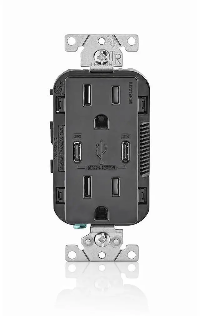 Main image of Leviton T5635-E 30W (6A) USB Dual Type-C/C Power Delivery In-Wall Charger with 15A Tamper-Resistant Outlet, USB Charger for Smartphones, Tablets, Laptops, Black
