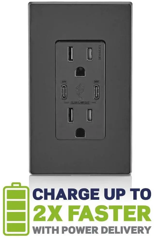 Alt view image 4 of 7 - Leviton T5635-E 30W (6A) USB Dual Type-C/C Power Delivery In-Wall Charger with 15A Tamper-Resistant Outlet, USB Charger for Smartphones, Tablets, Laptops, Black