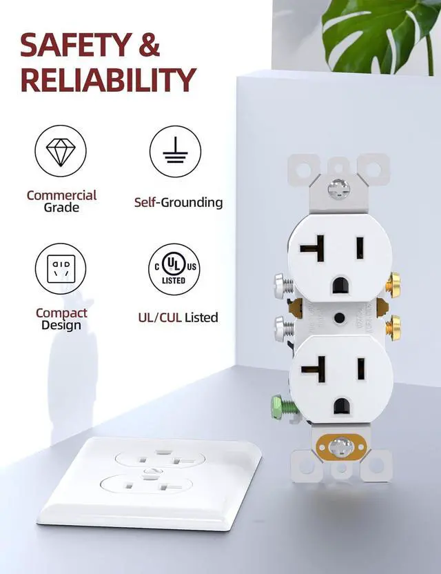 Alt view image 2 of 6 - AIDA 20 Amps Outlets Duplex Electrical Receptacle Outlets, Electrical Outlet, 20Amp 125V Heavy-Duty,Wall Plate Included,Residential, 3-Wire, Self-Grounding, UL Listed, Side Wire (20 Pack, White)