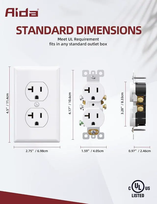 Alt view image 3 of 6 - AIDA 20 Amps Outlets Duplex Electrical Receptacle Outlets, Electrical Outlet, 20Amp 125V Heavy-Duty,Wall Plate Included,Residential, 3-Wire, Self-Grounding, UL Listed, Side Wire (20 Pack, White)