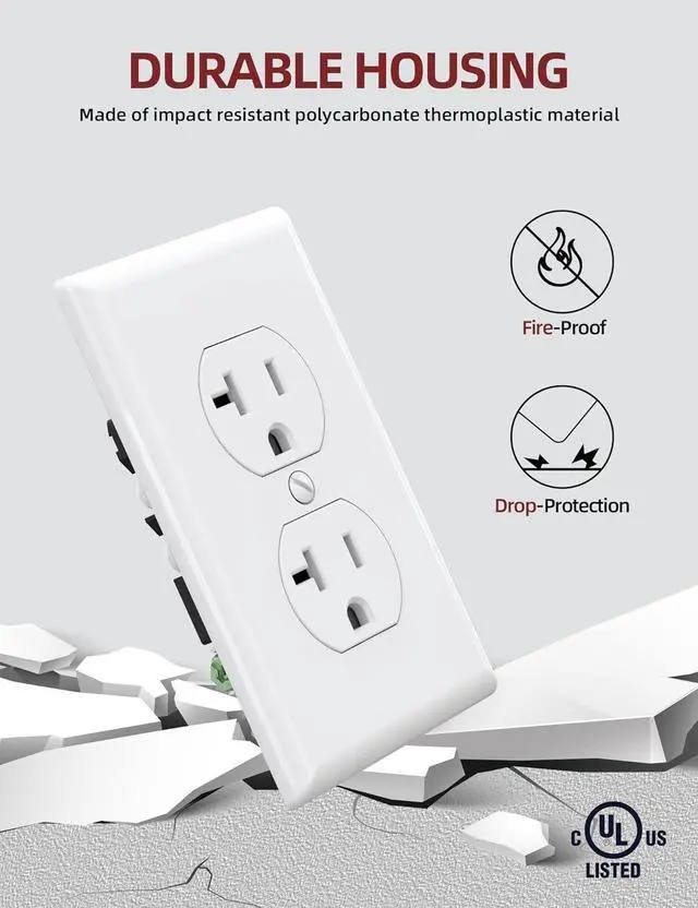 Alt view image 4 of 6 - AIDA 20 Amps Outlets Duplex Electrical Receptacle Outlets, Electrical Outlet, 20Amp 125V Heavy-Duty,Wall Plate Included,Residential, 3-Wire, Self-Grounding, UL Listed, Side Wire (20 Pack, White)