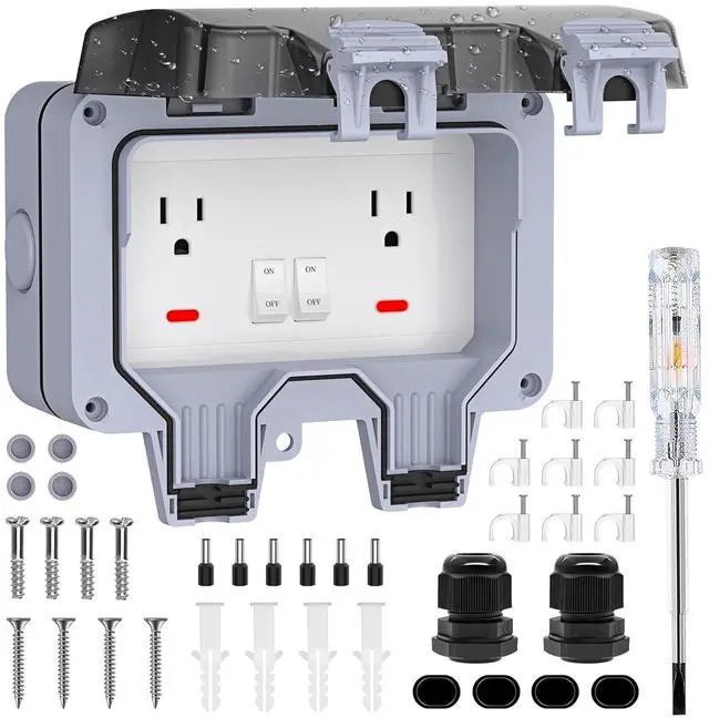 Main image of Double Outdoor Outlet with Cover Waterproof Outdside Plug Socket IP66 Weatherproof Exterior Wall Electrical Box with Switch Indicator Light Screwdriver 2-Gang Power Outlet for Wet Garden Swimming Pool