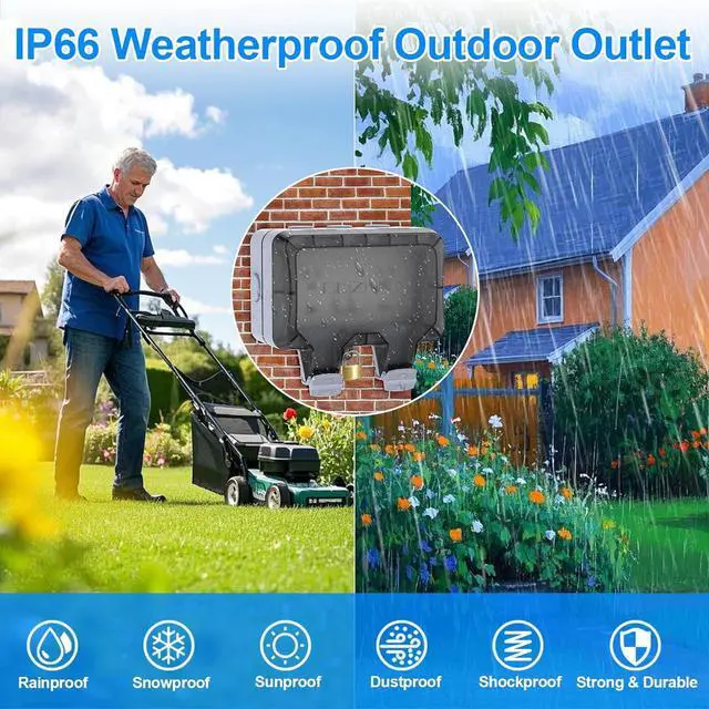 Alt view image 2 of 7 - Double Outdoor Outlet with Cover Waterproof Outdside Plug Socket IP66 Weatherproof Exterior Wall Electrical Box with Switch Indicator Light Screwdriver 2-Gang Power Outlet for Wet Garden Swimming Pool