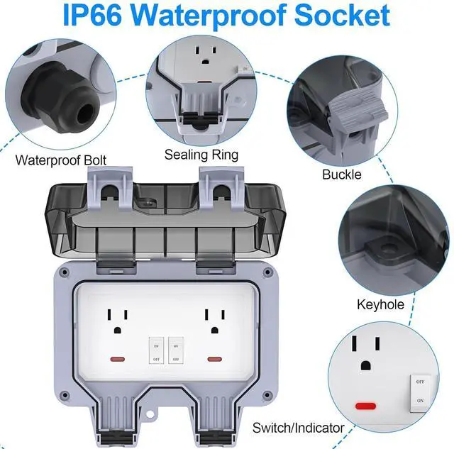 Alt view image 4 of 7 - Double Outdoor Outlet with Cover Waterproof Outdside Plug Socket IP66 Weatherproof Exterior Wall Electrical Box with Switch Indicator Light Screwdriver 2-Gang Power Outlet for Wet Garden Swimming Pool