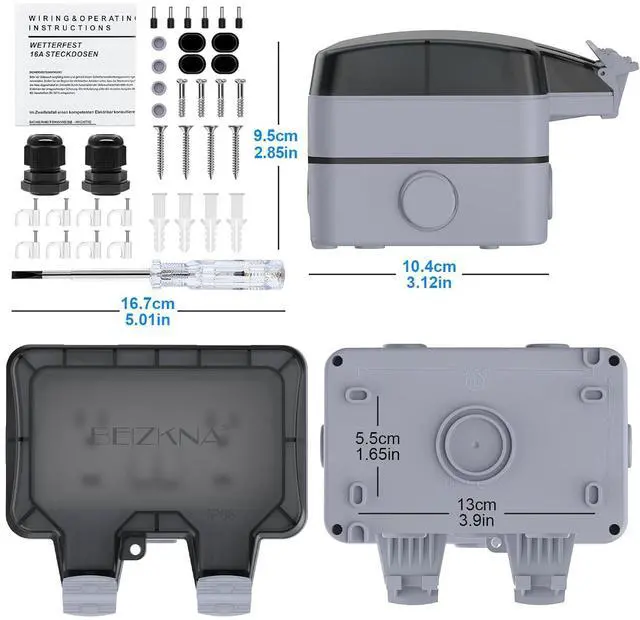 Alt view image 6 of 7 - Double Outdoor Outlet with Cover Waterproof Outdside Plug Socket IP66 Weatherproof Exterior Wall Electrical Box with Switch Indicator Light Screwdriver 2-Gang Power Outlet for Wet Garden Swimming Pool