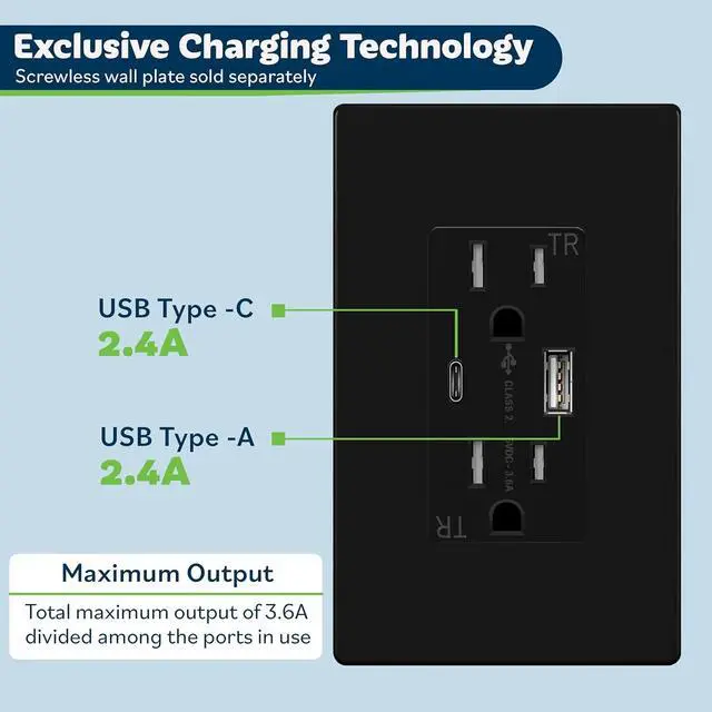 Alt view image 3 of 7 - TOPGREENER 2-Port USB Outlet, Type C USB Wall Outlet, 15 Amp Tamper Resistant Receptacle Plug, USB Outlets Receptacles, Wall Plate Included, UL Listed, TU21536AC-BK-2PCS, Black, 2 Pack