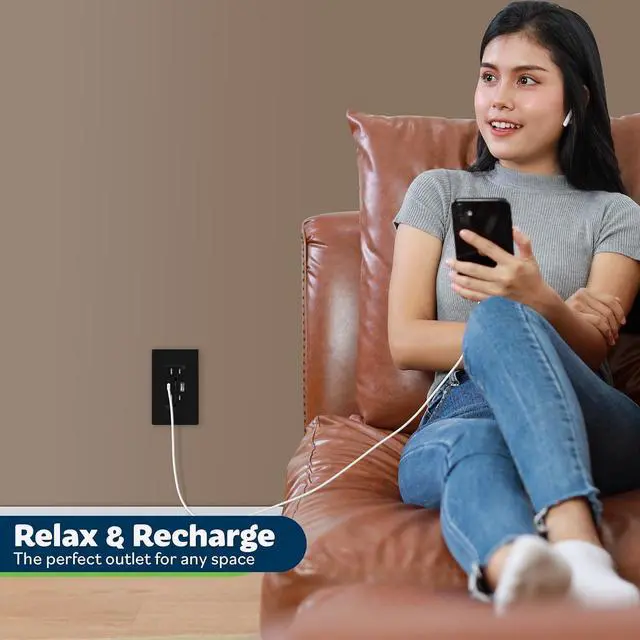 Alt view image 6 of 7 - TOPGREENER 2-Port USB Outlet, Type C USB Wall Outlet, 15 Amp Tamper Resistant Receptacle Plug, USB Outlets Receptacles, Wall Plate Included, UL Listed, TU21536AC-BK-2PCS, Black, 2 Pack