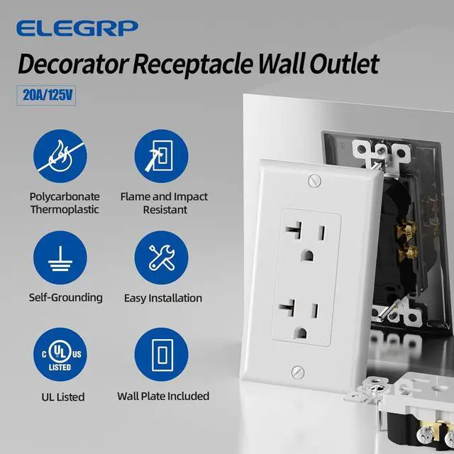 Alt view image 2 of 6 - ELEGRP Glossy White Decorator Electrical Wall Outlet Receptacle, 20A 125V Standard Outlets, 2 Pole 3 Wire, Non-Tamper Resistant, NEMA 5-20R, Self-Grounding, Wall Plate Included, UL Listed, 10 Pack