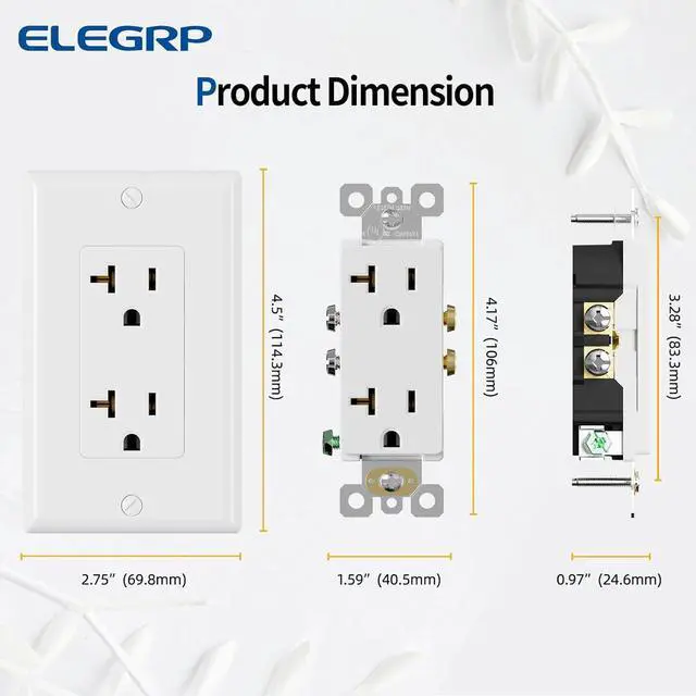 Alt view image 4 of 6 - ELEGRP Glossy White Decorator Electrical Wall Outlet Receptacle, 20A 125V Standard Outlets, 2 Pole 3 Wire, Non-Tamper Resistant, NEMA 5-20R, Self-Grounding, Wall Plate Included, UL Listed, 10 Pack