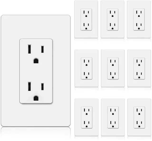 Main image of BESTTEN Decorator Receptacle Outlet, 15 Amp Standard Electrical Wall Outlet with Screwless Wallplate, Non-Tamper Resistant, 15A/125V/1875W, UL Listed, 10 Pack, White