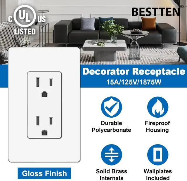 Alt view image 2 of 7 - BESTTEN Decorator Receptacle Outlet, 15 Amp Standard Electrical Wall Outlet with Screwless Wallplate, Non-Tamper Resistant, 15A/125V/1875W, UL Listed, 10 Pack, White