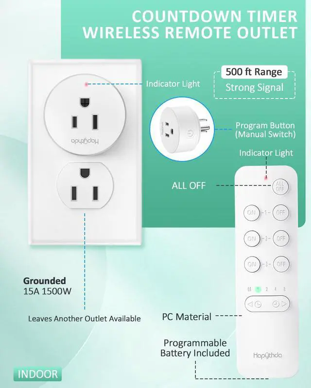 Alt view image 7 of 7 - Remote Control Outlet with Countdown Function, 15A/1500W Anti-Surge 4000V Wireless Remote Outlet, 500FT RF Range No Wire Remote Plug On Off Switch for Household Appliances, Christmas Lights