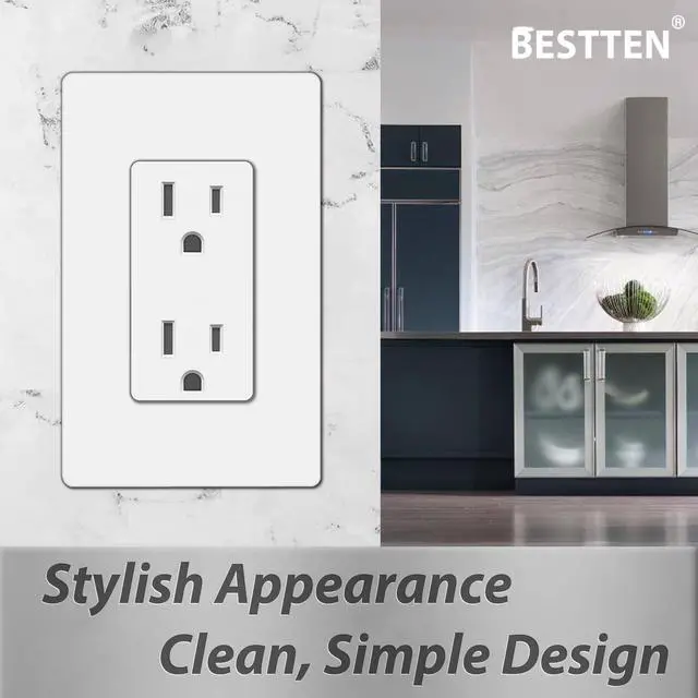Alt view image 4 of 7 - BESTTEN Decorator Receptacle Outlet, 15 Amp Standard Electrical Wall Outlet with Screwless Wallplate, Non-Tamper Resistant, 15A/125V/1875W, UL Listed, 10 Pack, White
