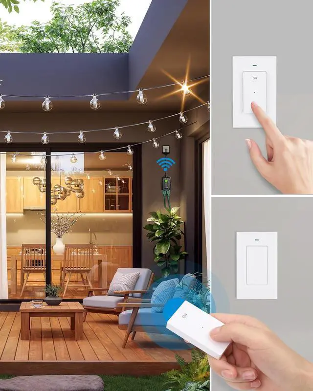 Main image of DEWENWILS Outdoor Wireless Remote Control Dual 3-Prong Outlet Weatherproof, Expandable Indoor Electrical Power Strip with Wall/Portable Light Switch, 15A, 7-inch Cord 100FT Range, ETL Listed