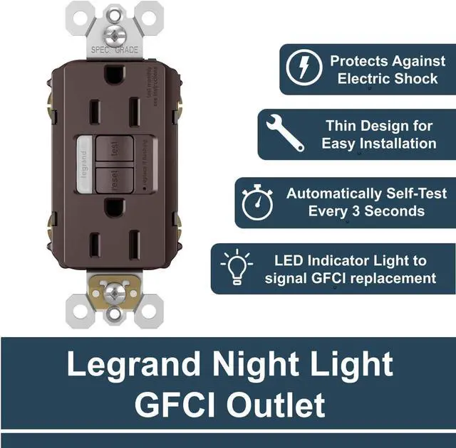Alt view image 2 of 7 - Legrand radiant 1597NTLTRDBCC4 15 Amp Night Light GFCI Self Test Tamper-Resistant Decorator Duplex Outlet with Cool Touch LED, Dark Bronze (1 Count)