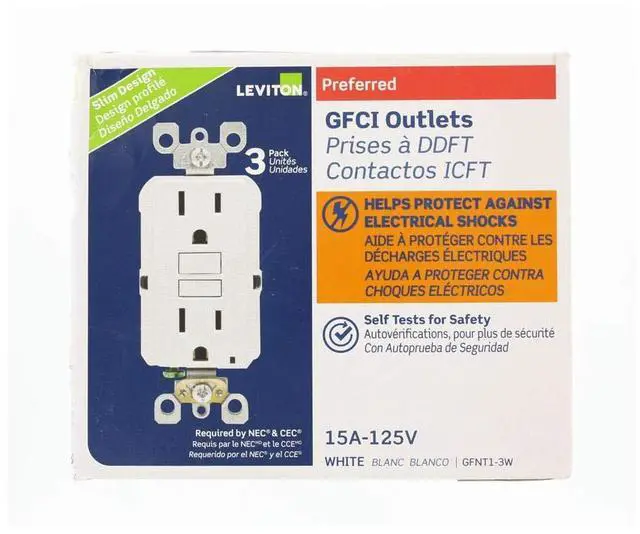 Alt view image 3 of 5 - Leviton Self-Test SmartlockPro Slim GFCI Non-Tamper-Resistant Receptacle with LED Indicator, 15-Amp, 3-Pack, GFNT1-3W, White