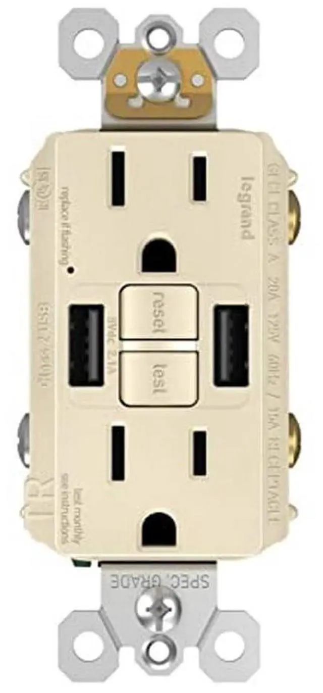 Main image of Legrand Radiant 1597TRUSBAALA 15 Amp GFCI Self Test Tamper Resistant Decorator Duplex Outlet with USB Type A, Light Almond (1 Count)