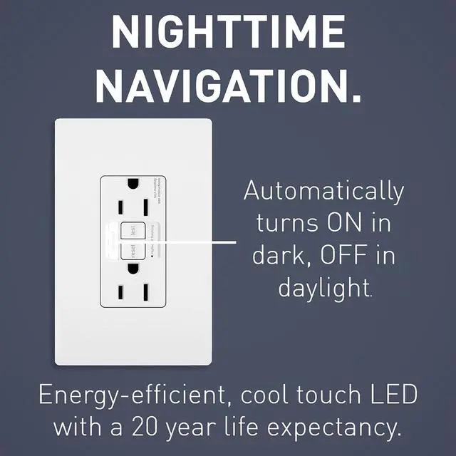 Alt view image 4 of 7 - Legrand Radiant 1597NTLTRWCCD4 15 Amp Night Light GFCI Self Test Tamper-Resistant Decorator Duplex Outlet with Cool Touch LED, White (1 Count)