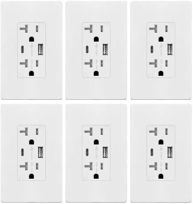 Main image of TOPGREENER USB Outlet, Type C & Type A USB Wall Outlet, 20 Amp Tamper-Resistant Receptacle, Charging Power Outlet with USB Ports, Wall Plate Included, UL Listed, TU22036AC-W-6PCS, White, 6 Pack