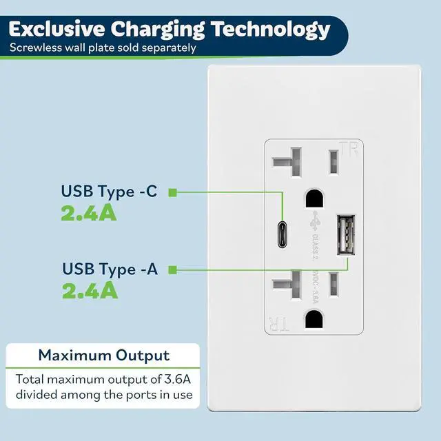 Alt view image 3 of 7 - TOPGREENER USB Outlet, Type C & Type A USB Wall Outlet, 20 Amp Tamper-Resistant Receptacle, Charging Power Outlet with USB Ports, Wall Plate Included, UL Listed, TU22036AC-W-6PCS, White, 6 Pack