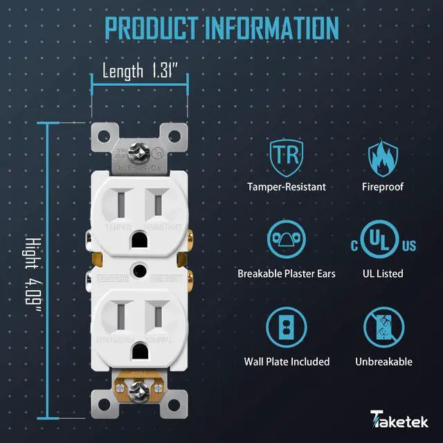 Alt view image 2 of 6 - Duplex Receptacle Outlet with Wall Plate, Tamper-Resistant Electrical Outlet, Residential Grade, 15A 125V, Self-Grounding, 2-Pole, UL Listed, White (10 Pack)