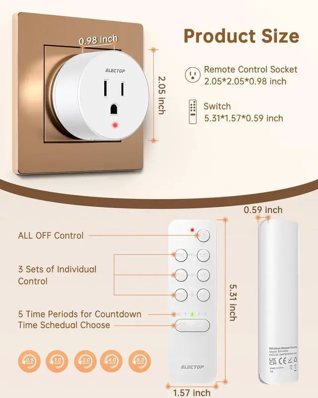 Alt view image 4 of 7 - ELECTOP Remote Control Outlet, 15A/1500W Wireless Outlet Power Switch with Countdown Function, No Wire Long Range Electrical Switch Plug On/Off for Small Household Appliance(1 Swicth & 2 Outlets)