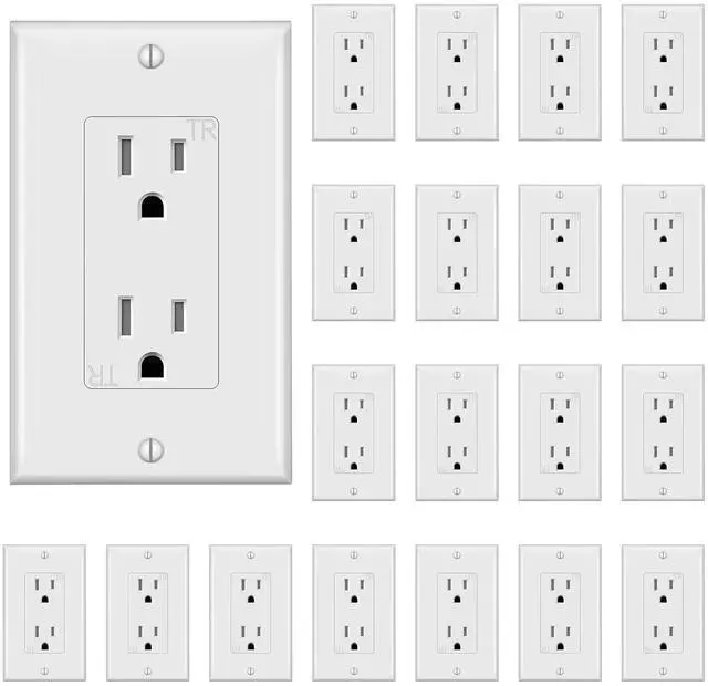 Main image of Decorator Receptacle Outlet,Wall Outlet with Wall Plate, Tamper-Resistant Electrical Outlet, Residential Grade, 3-Wire, 15A 125V, Self-Grounding, 2-Pole, UL Listed, White (20 Pack)
