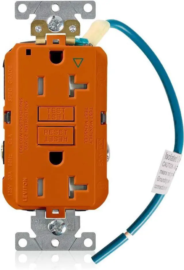 Main image of Leviton 20 Amp, 20A-125V Extra-Heavy Duty Industrial Grade Isolated Ground Duplex Tamper-Resistant Self-Test GFCI Receptacle, GFTR2-IGO, Orange