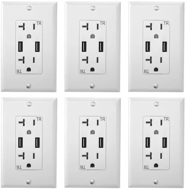 Main image of Oviitech USB Outlet High Speed Charger 4.2A Charging Capability, 20 Amp Tamper-Resistant Receptacle Plug Wall Socket, ETL Listed, Wall Plate Included, White, 6 Pack