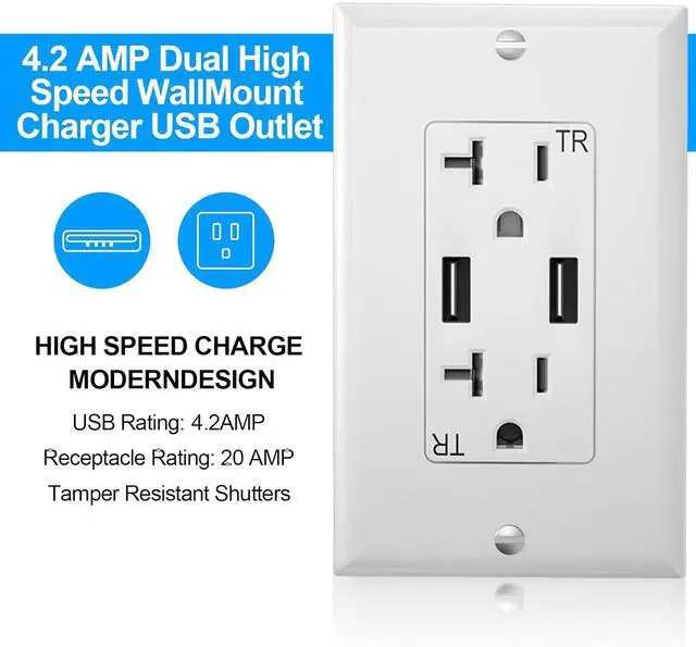 Alt view image 3 of 7 - Oviitech USB Outlet High Speed Charger 4.2A Charging Capability, 20 Amp Tamper-Resistant Receptacle Plug Wall Socket, ETL Listed, Wall Plate Included, White, 6 Pack