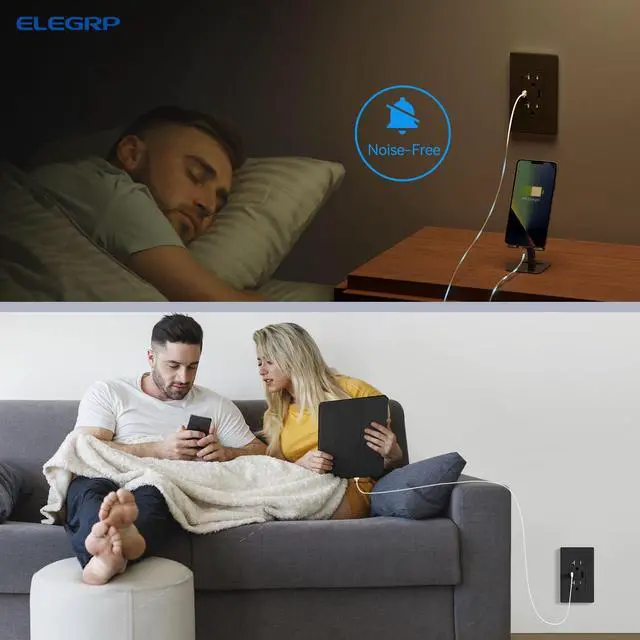 Alt view image 7 of 7 - ELEGRP USB Charger Wall Outlet, USB Receptacle with Type A & Type C USB Ports, 20 Amp Duplex Tamper Resistant Receptacle Plug, Wall Plate Included, UL Listed (6 Pack, Matte Black)