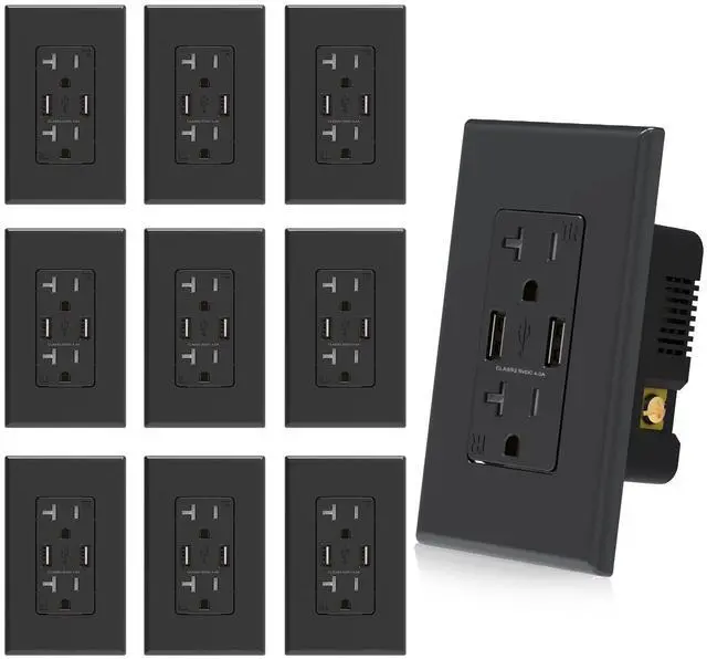 Main image of ELEGRP USB Wall Outlet - Dual 4.0A USB Ports, 20A Tamper Resistant Receptacle, Black (10 Pack)