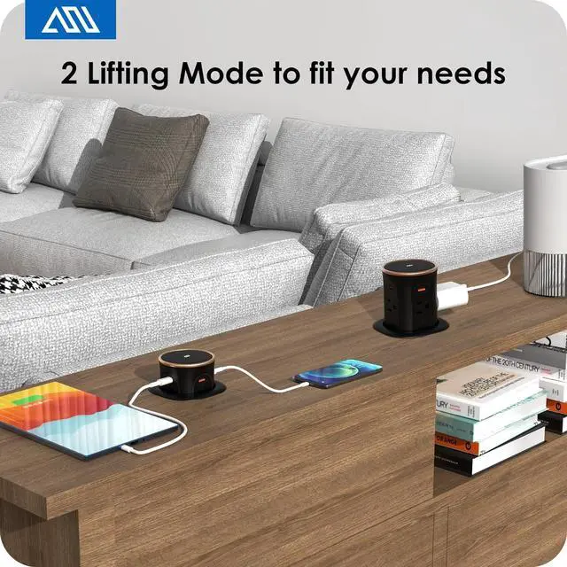 Alt view image 3 of 7 - ANNQUAN Motorized Pop Up Countertop Receptacle with 15W Wireless Charger,Max 20W Power Delivery,3.15" Automatic Pop Up Outlet,4 Outlets,4 USB 3FT Cord