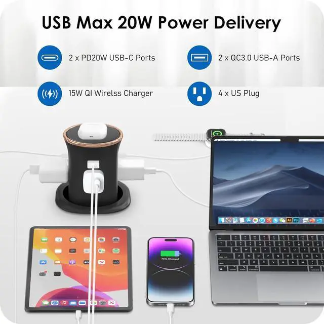 Alt view image 4 of 7 - ANNQUAN Motorized Pop Up Countertop Receptacle with 15W Wireless Charger,Max 20W Power Delivery,3.15" Automatic Pop Up Outlet,4 Outlets,4 USB 3FT Cord