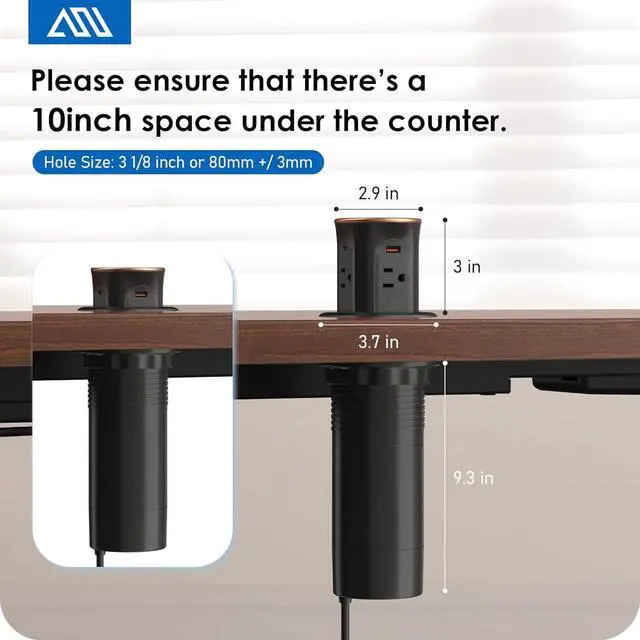 Alt view image 6 of 7 - ANNQUAN Motorized Pop Up Countertop Receptacle with 15W Wireless Charger,Max 20W Power Delivery,3.15" Automatic Pop Up Outlet,4 Outlets,4 USB 3FT Cord