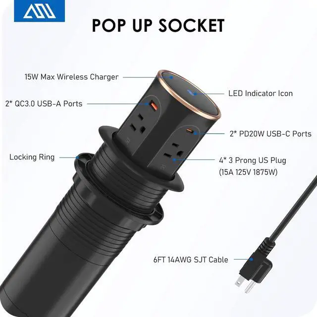 Alt view image 7 of 7 - ANNQUAN Motorized Pop Up Countertop Receptacle with 15W Wireless Charger,Max 20W Power Delivery,3.15" Automatic Pop Up Outlet,4 Outlets,4 USB 3FT Cord