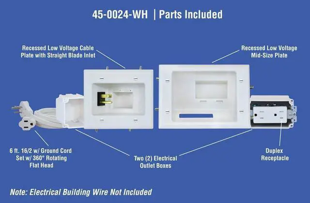 Alt view image 2 of 7 - DATA COMM 45-0024-WH Recessed Pro-Power Kit with Duplex Receptacle and Straight Blade Inlet, White